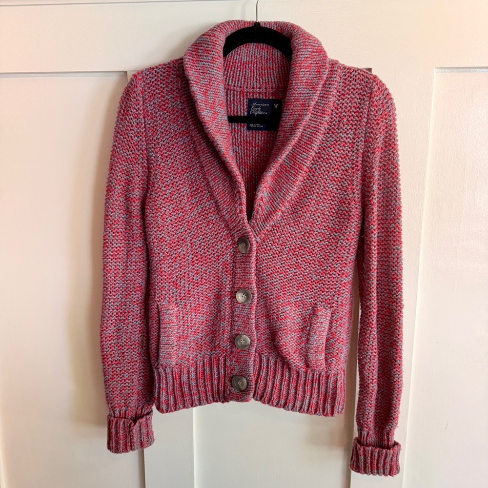 American Eagle Pink/Gray Button-Up Cardigan